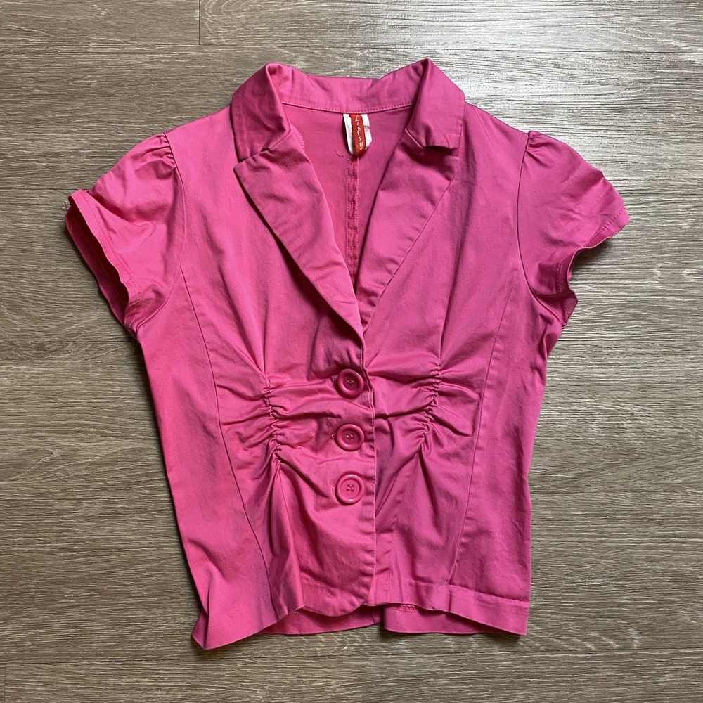 Y2K Lipsy Pleated Button Front Blouse Women's L Pink Collared Barbie Brat USA